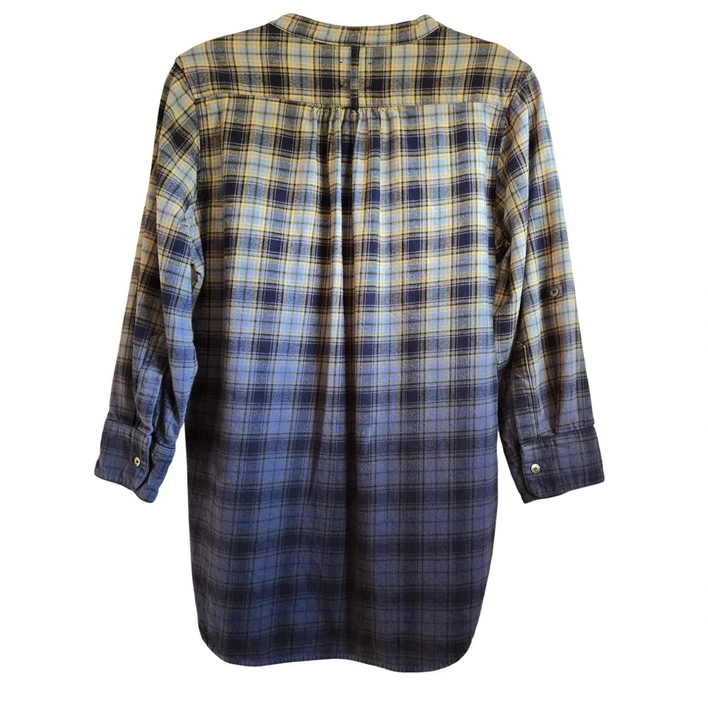 PJK Blue Label Womens L Cozy Plaid Flannel Henley Tunic Shirt Blue Yellow Ombre